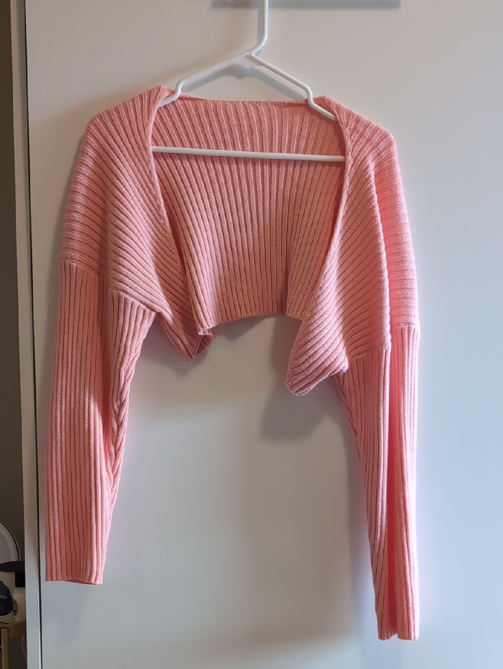 Cropped Ribbed Open-Front Shrug in Soft Pink